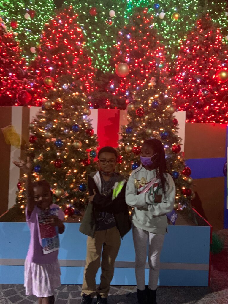 Two children and a woman standing in front of christmas trees.