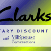 A yellow and blue background with the words clarks military discount